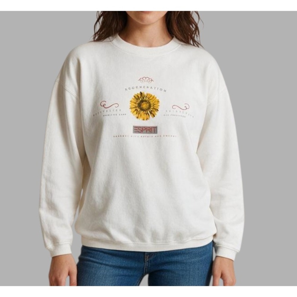 True Vintage ESPRIT SWEATSHIRT Off-White Top SUNFLOWER Spell-Out Logo Size S/M